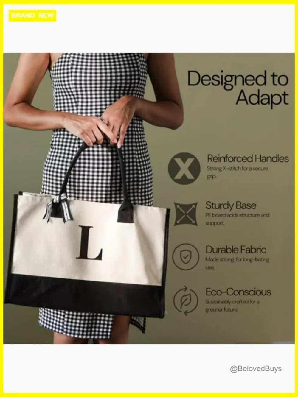 Personalized Initial Tote Bag, Large Canvas Utility Reusable Shopping Travel